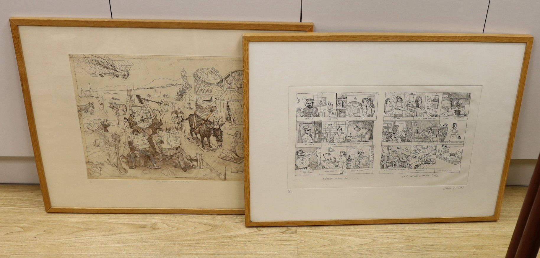 Chris Orr (1943-), pair of etchings, 'What men do ... and What women like...', signed and dated 1983, 5/30, overall 57 x 76cm, and, 'The Platters on the Holiday', signed and dated 1989, 11/40, sheet overall 58 x 76cm